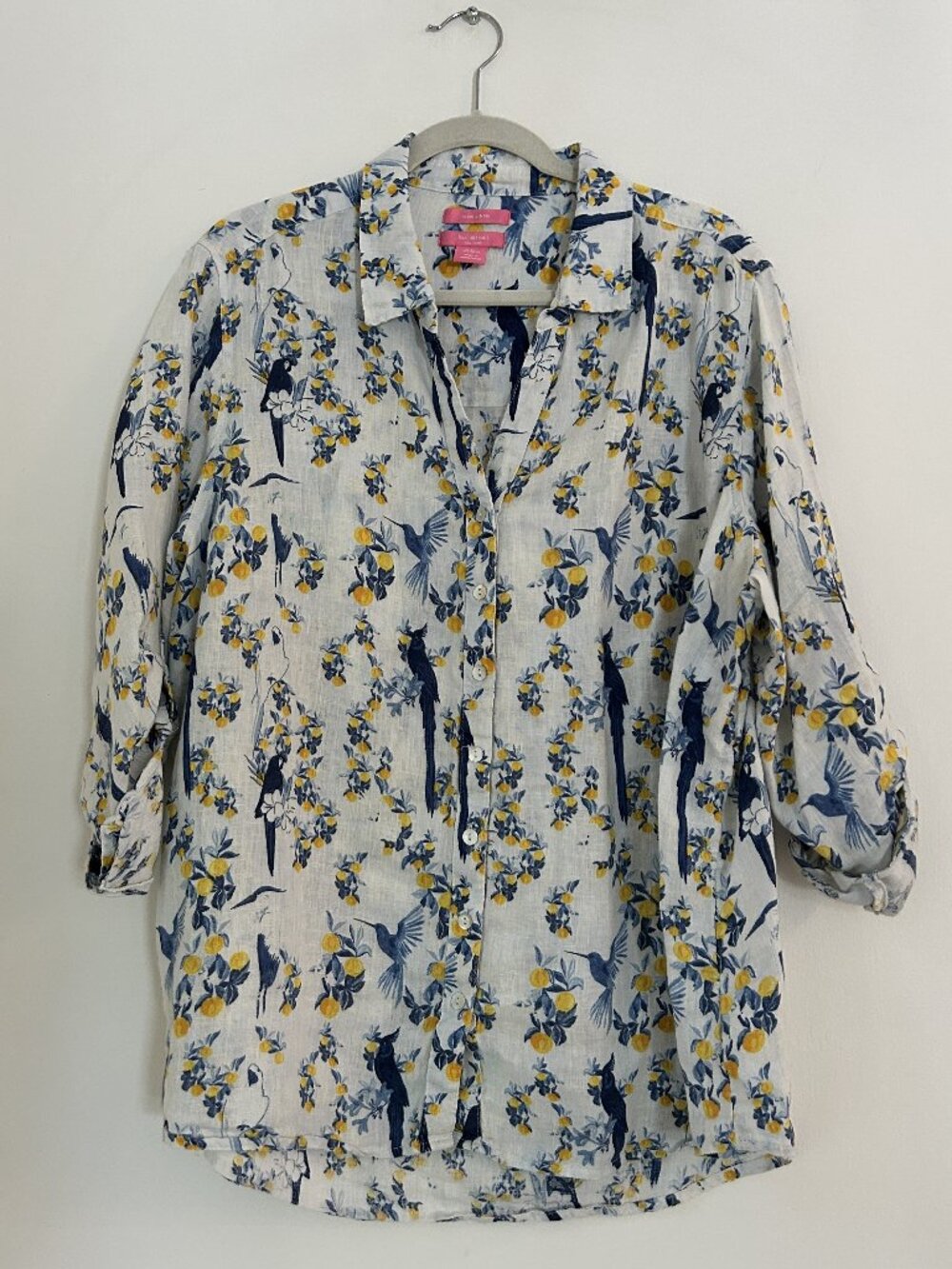 Isaac Mizrahi 100% Linen Tropical Floral Henley Tunic Top White Blue 2X